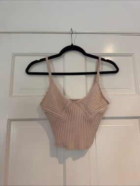 Free People Blush Beige Crochet Ribbed Crop Tank
